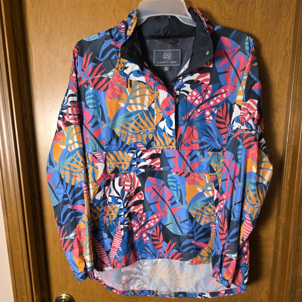 Lauren James Tropical Print Pullover Jacket w/Covered Zippered Pocket On Front - Picture 1 of 6